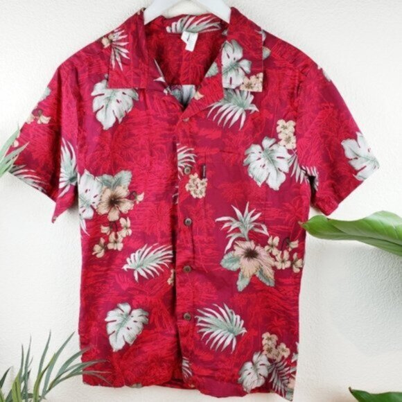 Vintage Palmwave Red Hawaiian Shirt Floral Tropical Print Palm Leaves size S - Picture 1 of 10